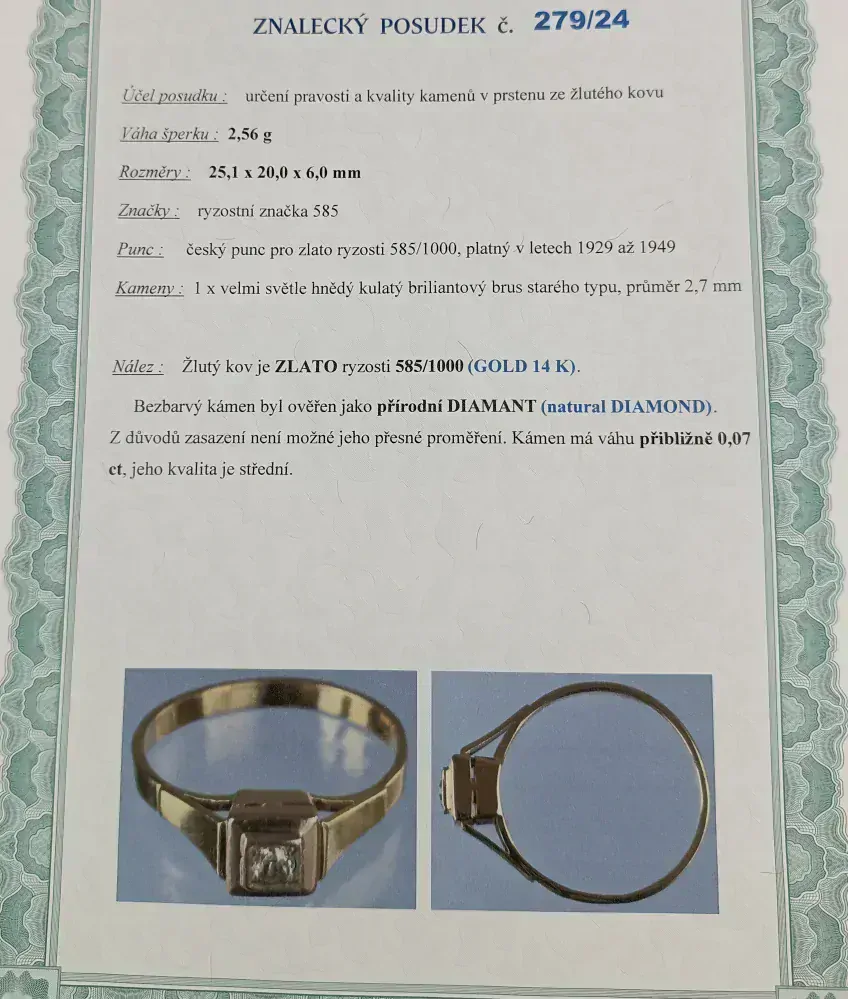 Starožitný zlatý prsten s diamantem 2,55g velikost 58