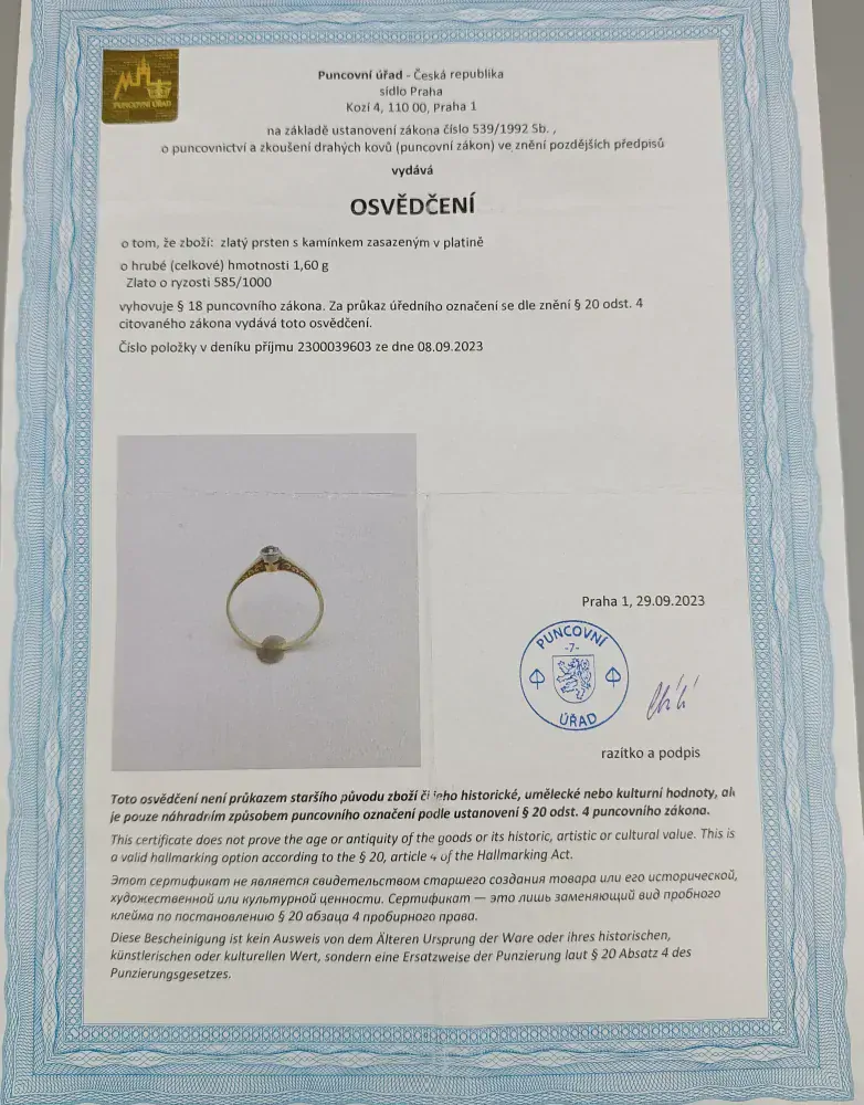 Zlatý prsten s diamantem 1,60g velikost 55