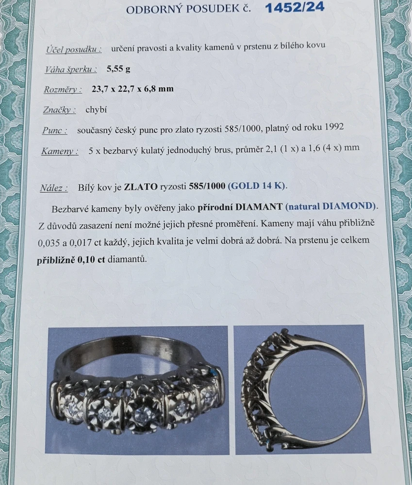 Zlatý prsten s diamanty 5,55g velikost 53,5