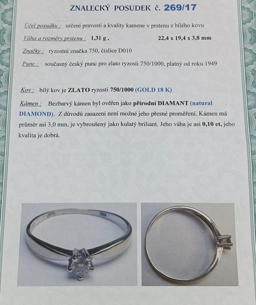 Zlatý prsten s diamantem 1,30g velikost 55,5
