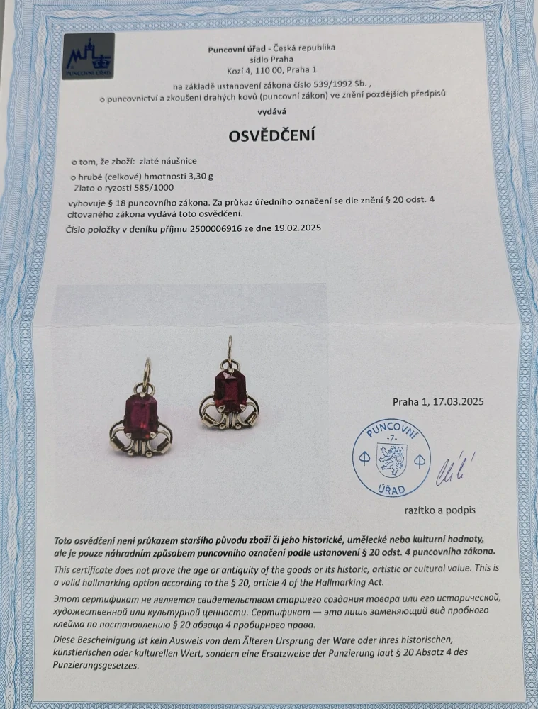 Zlaté náušnice 3,30g, zapínání na patent