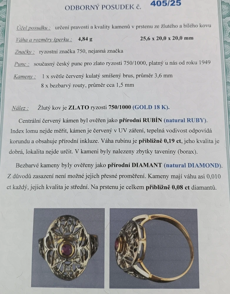 Zlatý prsten s rubínem a diamanty 4,85g velikost 57