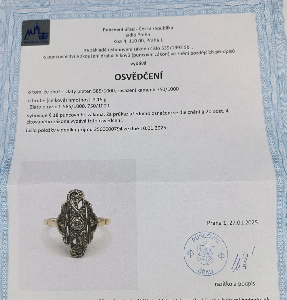 Zlatý prsten s diamanty 2,15g velikost 50,5