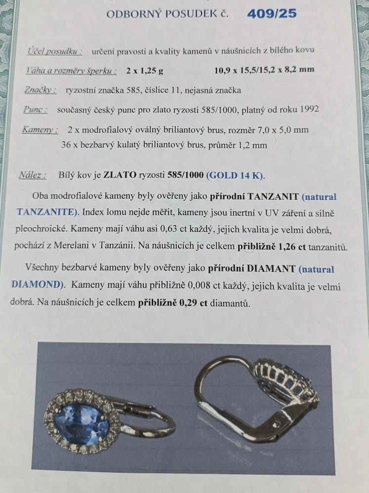Zlaté náušnice s tanzanity a brilianty 2,50g, zapínání na patent
