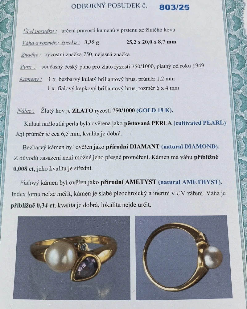 Zlatý prsten, perla, ametyst, briliant 3,35g velikost 53,5