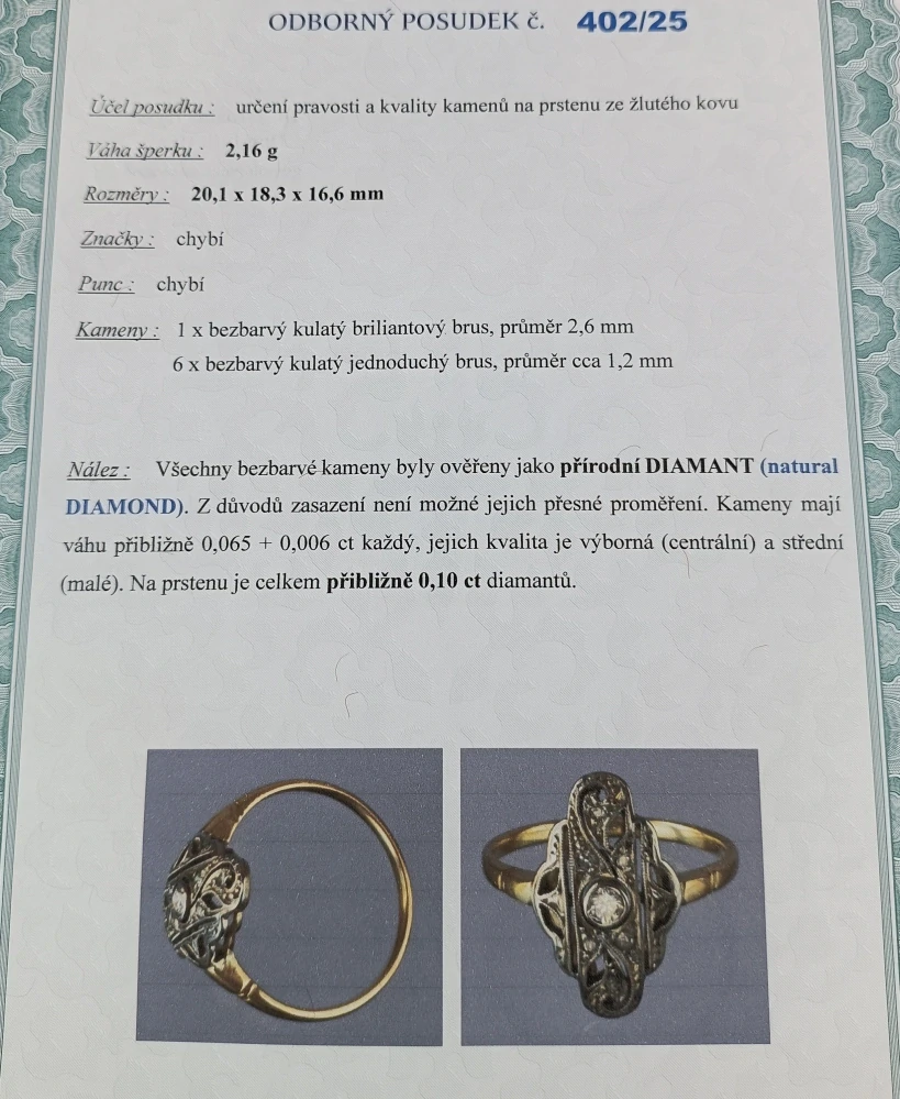 Zlatý prsten s diamanty 2,15g velikost 50,5