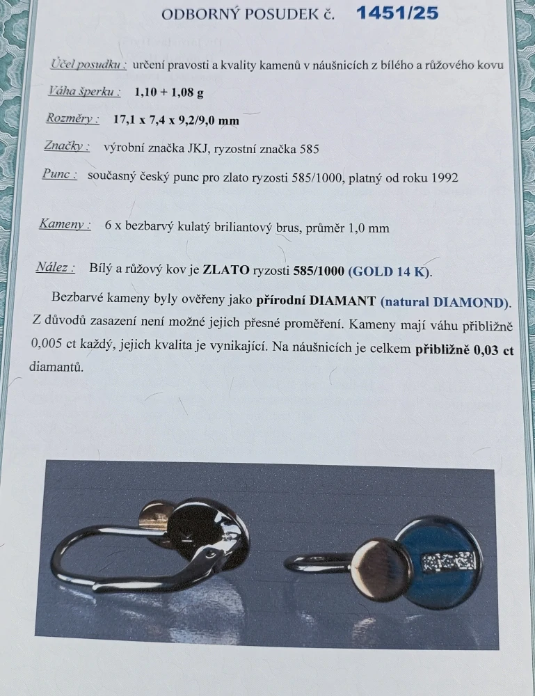 Zlaté náušnice s brilianty 2,20g, zapínání na patent