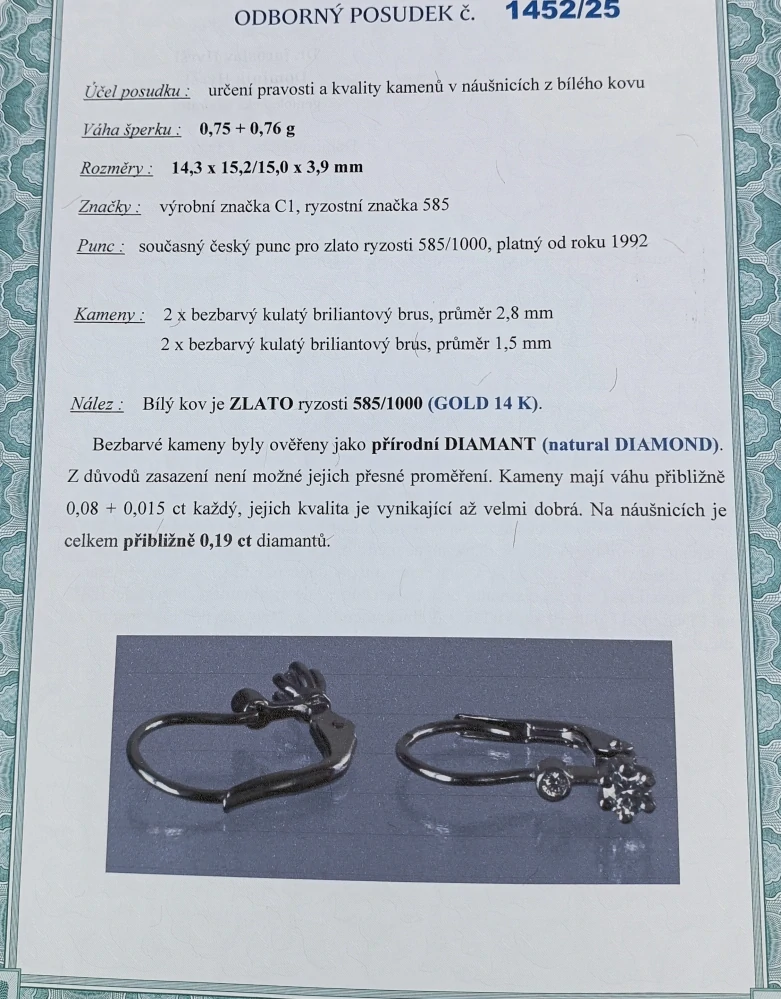Zlaté náušnice s brilianty 1,50g, zapínání na patent