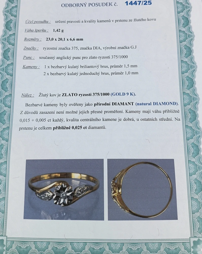 Zlatý prsten s diamanty 1,40g velikost 58,5