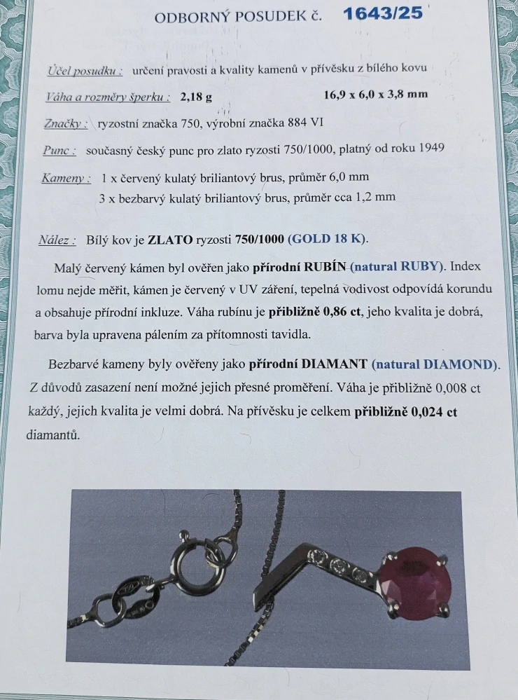 Zlatý náhrdelník s rubínem a diamanty 2,20g, 42,5 cm