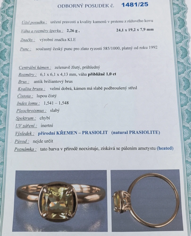 Zlatý prsten s prasiolitem 2,25g velikost 53