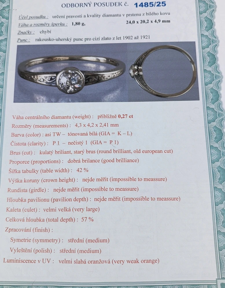 Zlatý prsten s briliantem 1,80g velikost 55
