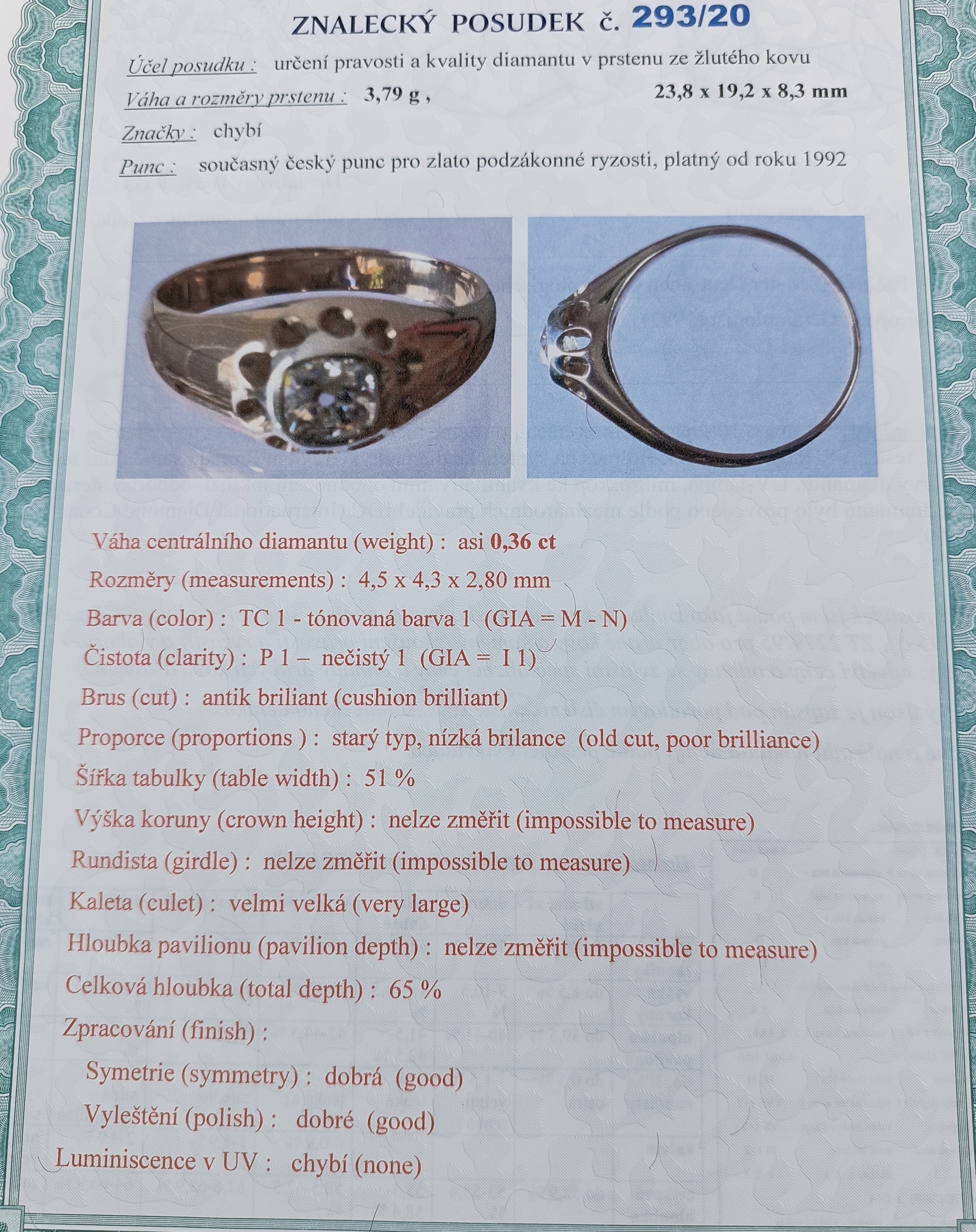 Zlatý prsten s briliantem 3,79g velikost 54
