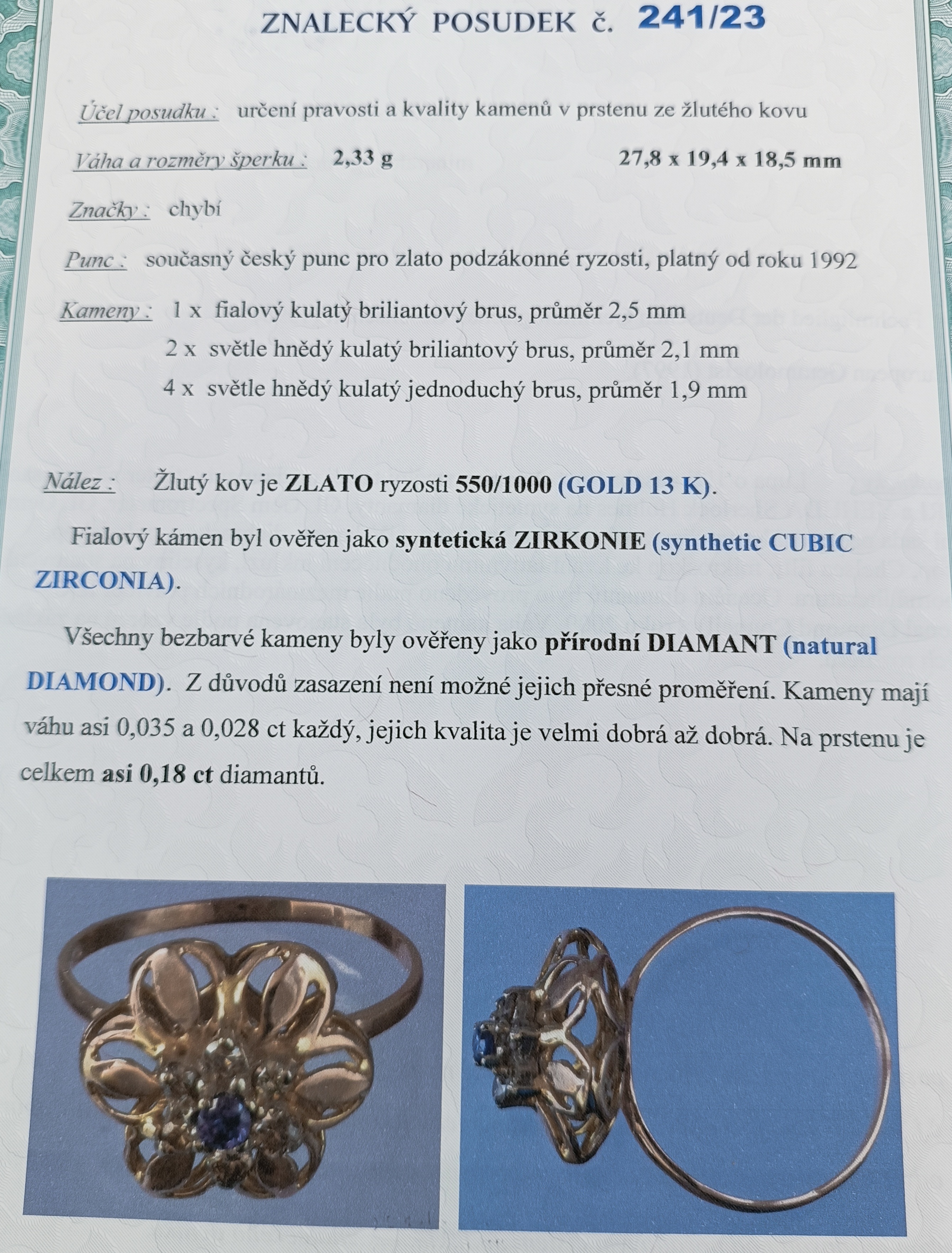 Zlatý prsten se zirkonem a diamanty 2,33g velikost 56