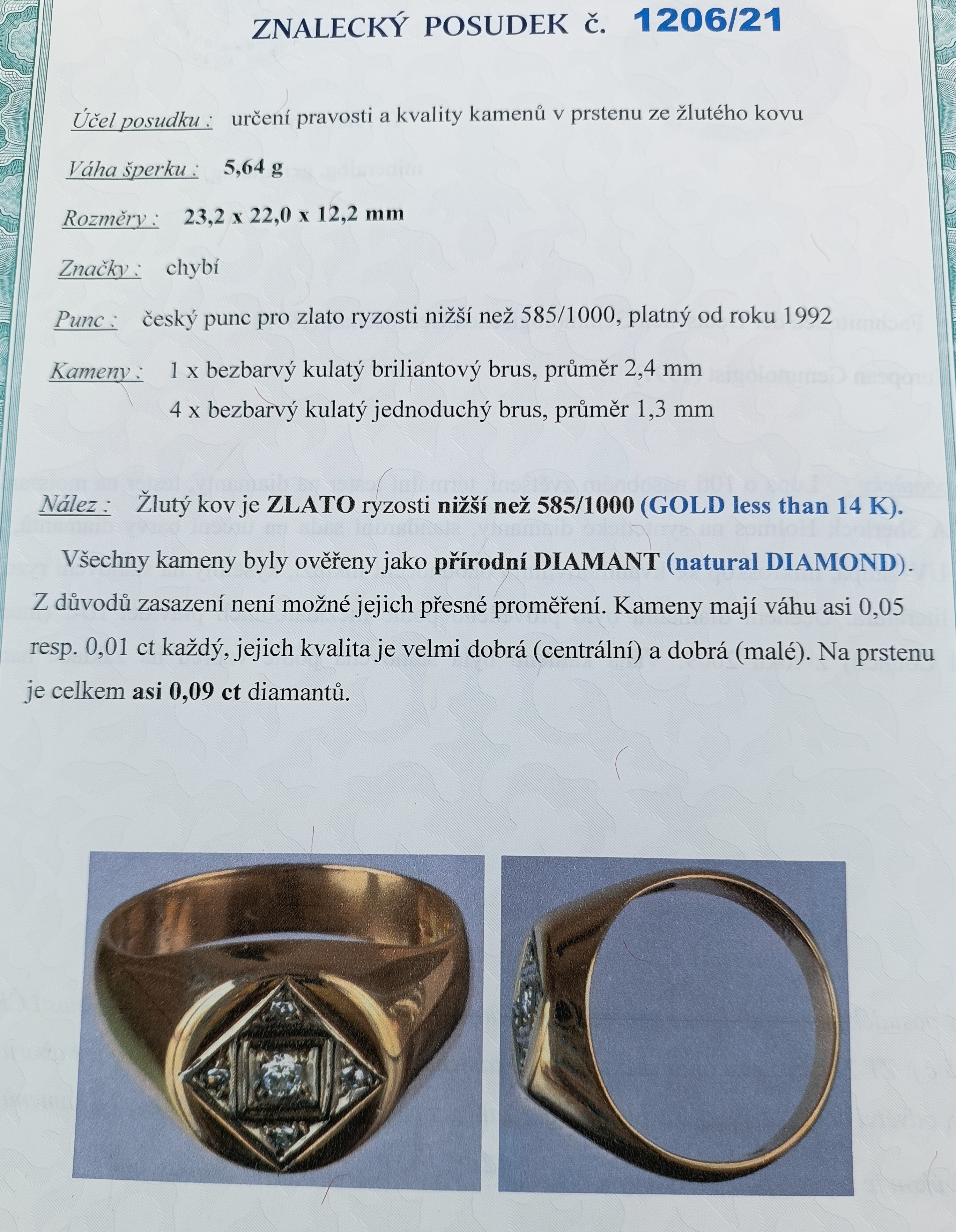 Zlatý pánský prsten s diamanty 5,64g velikost 60