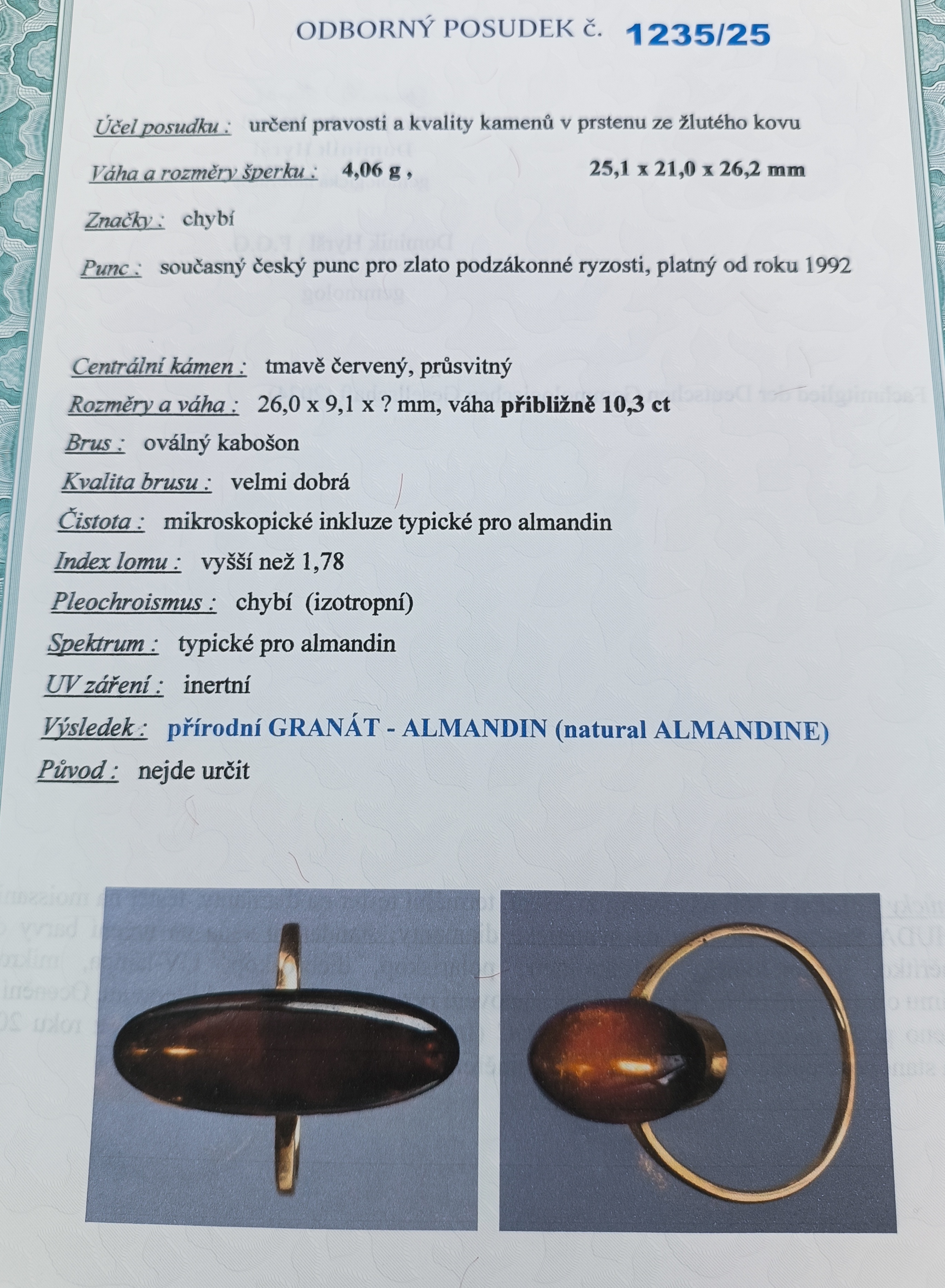 Zlatý prsten s almandinem 4,06g velikost 59-60