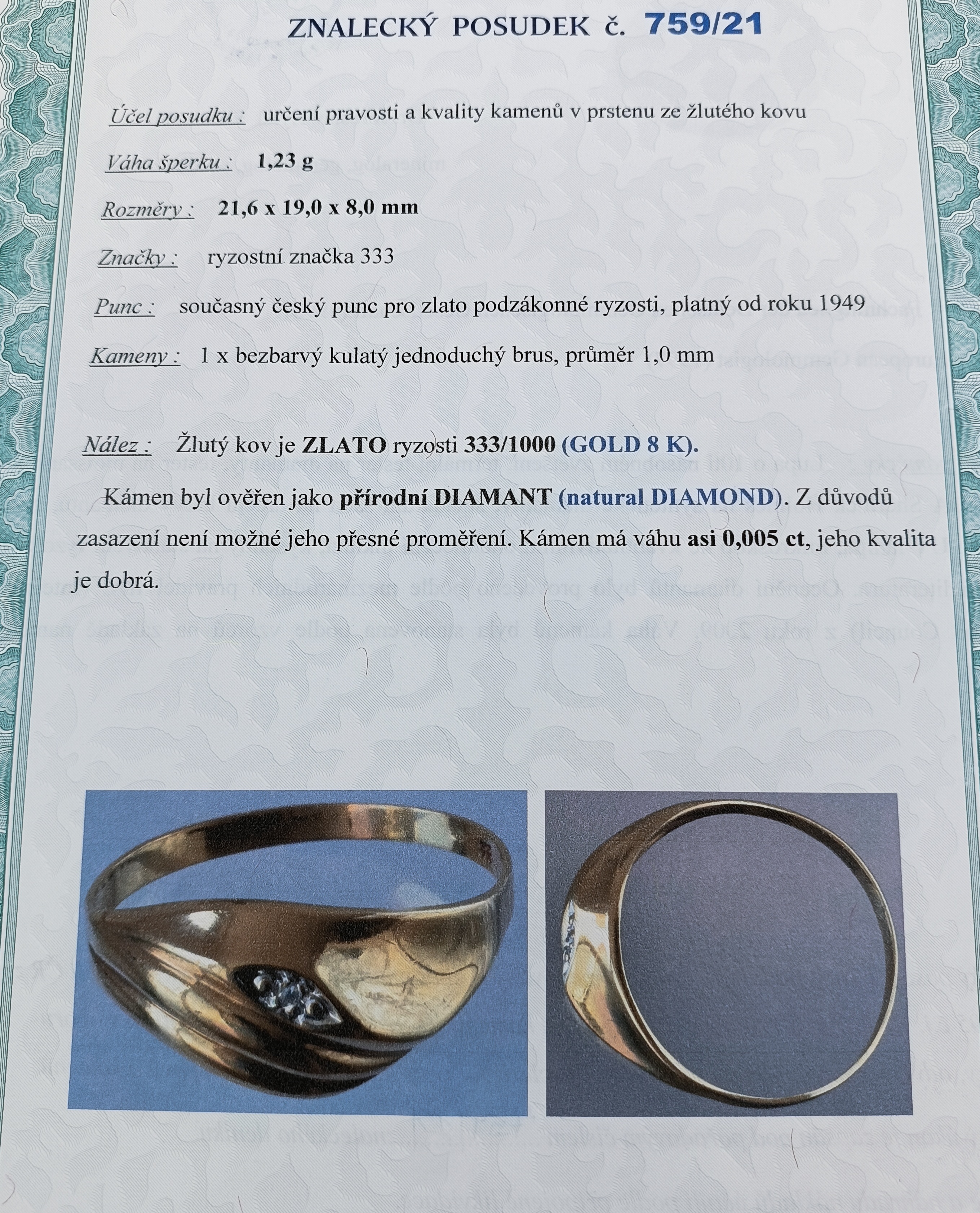 Zlatý prsten s diamantem 1,23g velikost 57