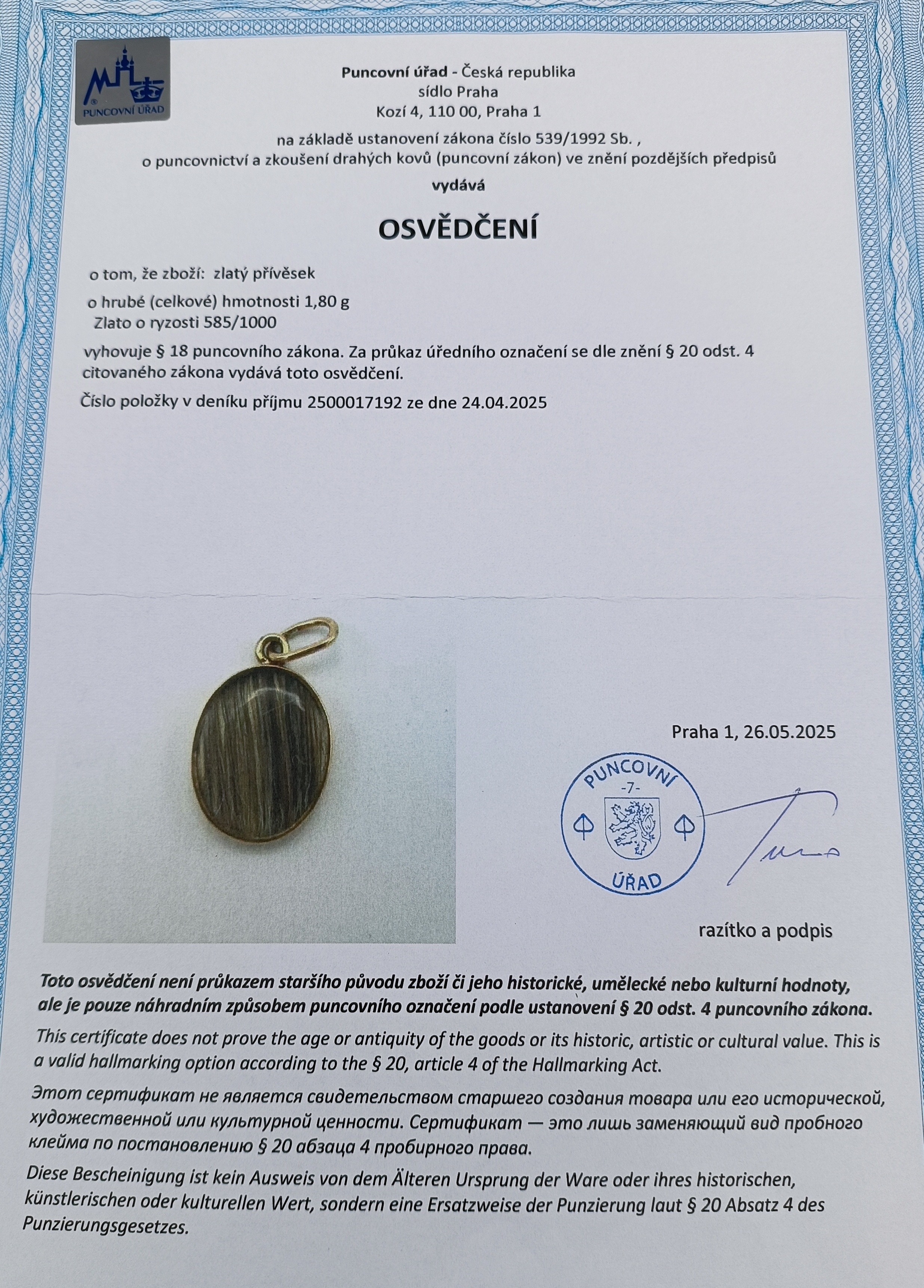 Zlatý přívěsek 1,80g s vlasy
