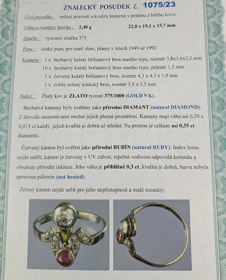 Zlatý prsten s rubínem a diamanty 2,48g velikost 55