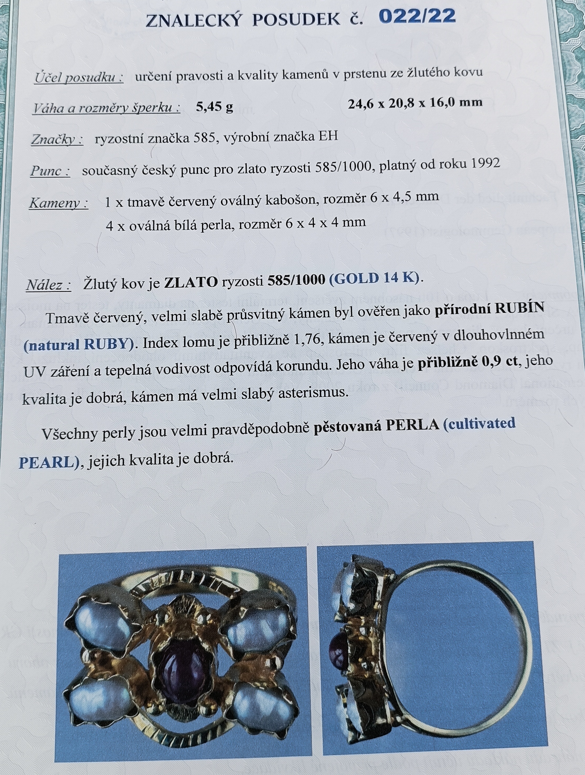 Zlatý prsten s rubínem a perlami 5,45g velikost 58